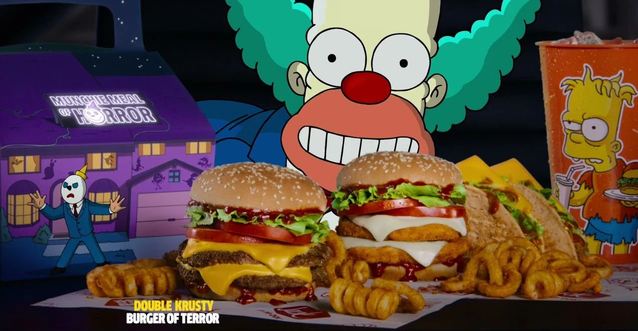 Combo Munchie Meal of Horror de Jack in the Box con Krusty Burger, caja temática y vasos de Los Simpson que brillan en la oscuridad
