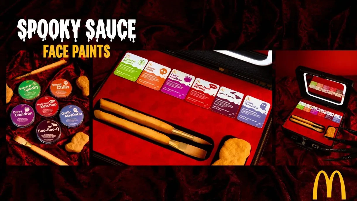 Kit de maquillaje Spooky Sauces de McDonald's con seis tonos de salsa, brochas en forma de papas fritas y esponja de McNugget