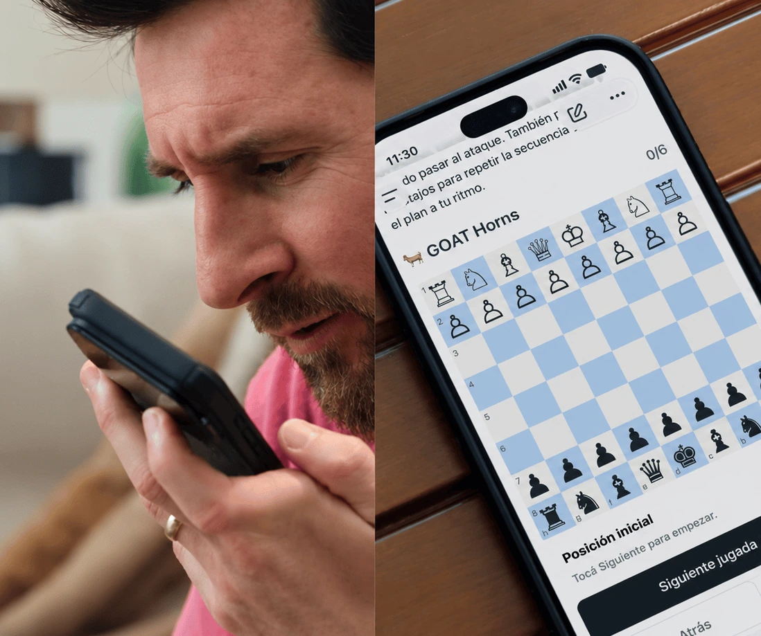 Lionel Messi frente a un tablero de ajedrez pidiéndole a ChatGPT una apertura en la campaña de OpenAI